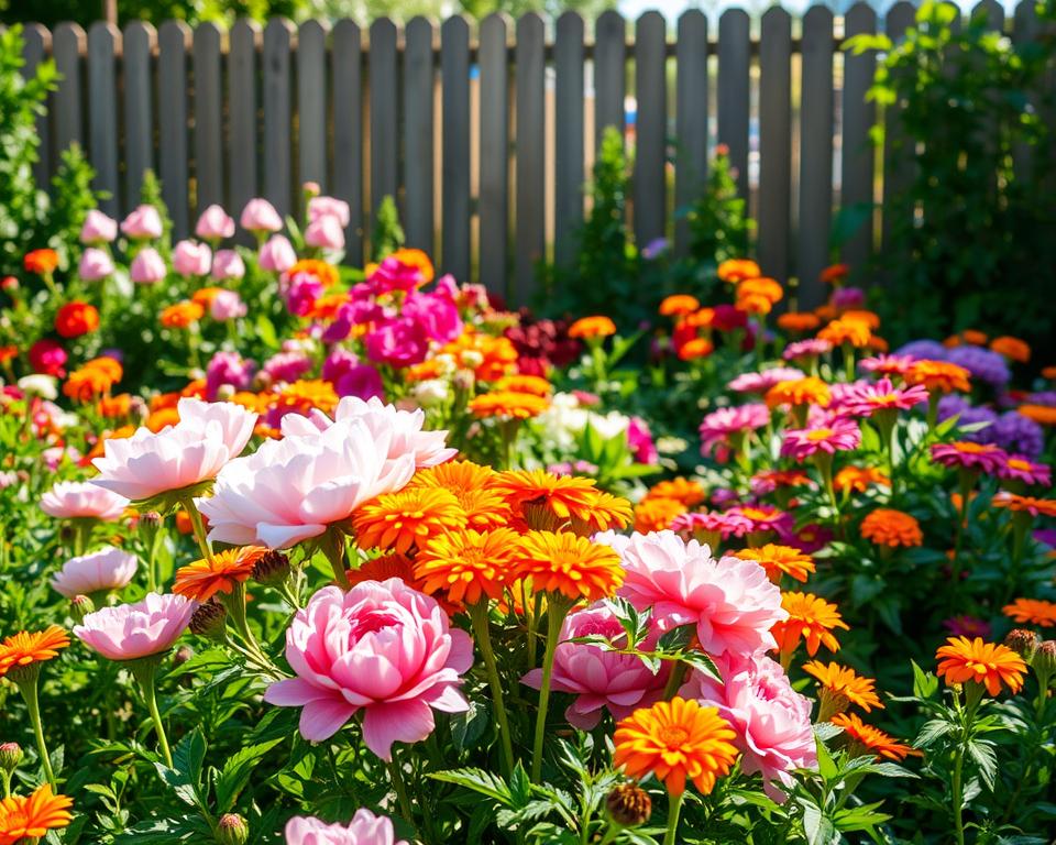 A lush, sun-drenched garden bed overflowing with vibrant flowers and verdant foliage. In the foreground, a captivating display of carefully arranged perennials, their petals basking in the warm glow of the sun. The middle ground reveals a harmonious mix of colors and textures, from the soft pinks of peonies to the bold oranges of marigolds. In the background, a wooden fence provides a natural frame, casting gentle shadows that add depth and dimension to the scene. The lighting is soft and diffused, creating a serene and inviting atmosphere that perfectly captures the essence of planning a sun-drenched garden bed.