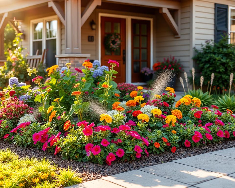 A lush, well-maintained garden bed with a variety of colorful flowers and plants adorns the front of a cozy home. The vibrant blooms are meticulously arranged, creating a harmonious and visually striking display. A modern in-ground sprinkler system is discreetly integrated, ensuring the plants receive the necessary hydration. Warm sunlight filters through the scene, casting a soft, inviting glow and highlighting the verdant foliage. The overall composition evokes a sense of pride, care, and attention to detail in the homeowner's gardening efforts, creating a welcoming and aesthetically pleasing entrance to the property.