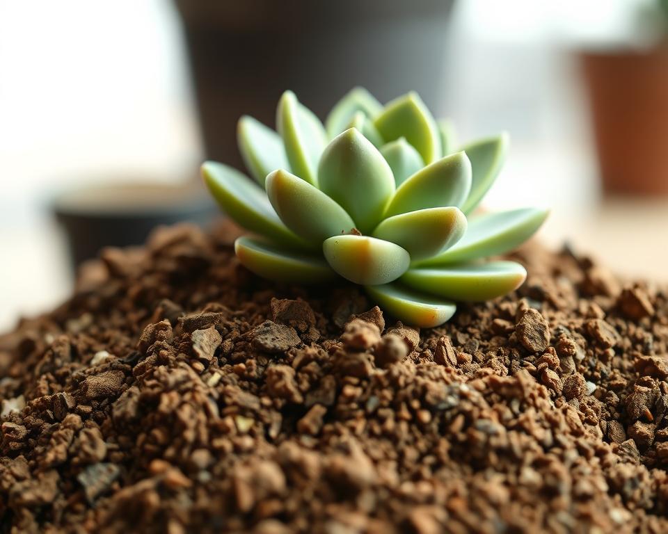 A close-up view of a natural, earthy potting substrate for rooting succulents. The foreground features a pile of rich, nutrient-dense soil, blended with a mix of perlite, vermiculite, and coarse sand, creating an ideal aerated and well-draining medium. The middle ground showcases a healthy, green succulent plant, its thick, fleshy leaves gently resting atop the prepared soil. The background is softly blurred, emphasizing the textural details of the soil and the plant's vibrant foliage. The lighting is soft and diffused, casting gentle shadows and highlighting the organic, tactile qualities of the materials. The overall composition conveys a sense of care, attention to detail, and a focus on propagating thriving succulent plants. A close-up view of a natural, earthy potting substrate for rooting succulents. The foreground features a pile of rich, nutrient-dense soil, blended with a mix of perlite, vermiculite, and coarse sand, creating an ideal aerated and well-draining medium. The middle ground showcases a healthy, green succulent plant, its thick, fleshy leaves gently resting atop the prepared soil. The background is softly blurred, emphasizing the textural details of the soil and the plant's vibrant foliage. The lighting is soft and diffused, casting gentle shadows and highlighting the organic, tactile qualities of the materials. The overall composition conveys a sense of care, attention to detail, and a focus on propagating thriving succulent plants.