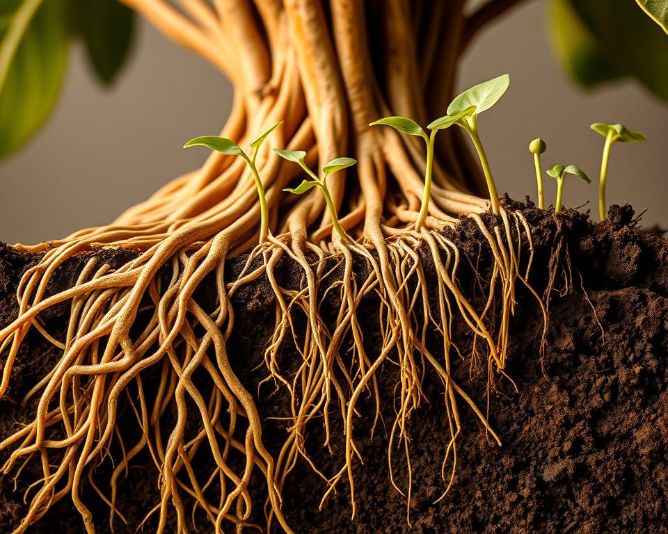 A detailed cross-section view of a Ficus microcarpa (Ginseng Ficus) plant in various stages of root development. The foreground showcases the thick, fleshy roots of the mature specimen, their intricate tendrils gripping the soil. The middle ground depicts younger plants, their root systems just beginning to take hold, delicate and pale. The background features seedlings, their tiny root hairs emerging from the earth, striving to establish a sturdy foundation. Warm, diffused lighting illuminates the scene, casting soft shadows and highlighting the organic textures. The composition emphasizes the gradual, patient process of rooting, reflecting the passage of time required for this resilient species to thrive. A detailed cross-section view of a Ficus microcarpa (Ginseng Ficus) plant in various stages of root development. The foreground showcases the thick, fleshy roots of the mature specimen, their intricate tendrils gripping the soil. The middle ground depicts younger plants, their root systems just beginning to take hold, delicate and pale. The background features seedlings, their tiny root hairs emerging from the earth, striving to establish a sturdy foundation. Warm, diffused lighting illuminates the scene, casting soft shadows and highlighting the organic textures. The composition emphasizes the gradual, patient process of rooting, reflecting the passage of time required for this resilient species to thrive.