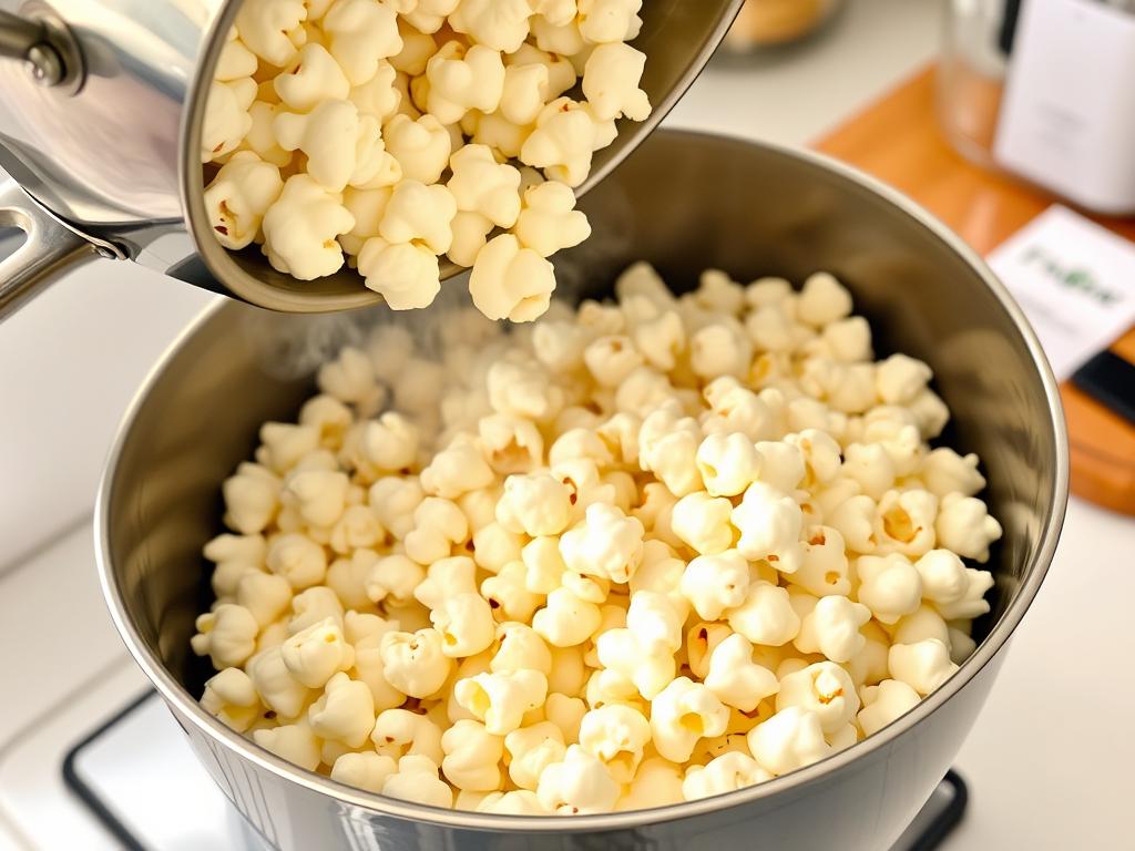 Gotowy popcorn przesypywany z garnka do miski po przygotowaniu bez mikrofali