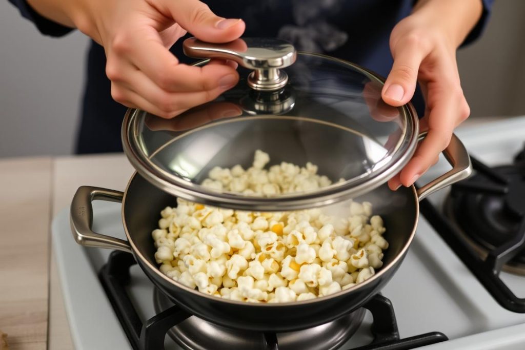 Osoba potrząsająca patelnią podczas robienia popcornu bez mikrofali