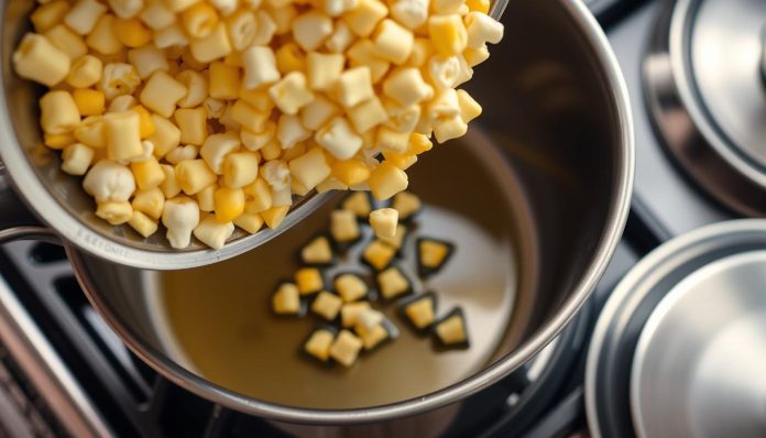 Przygotowanie popcornu w garnku - ziarna kukurydzy wsypywane do garnka z olejem