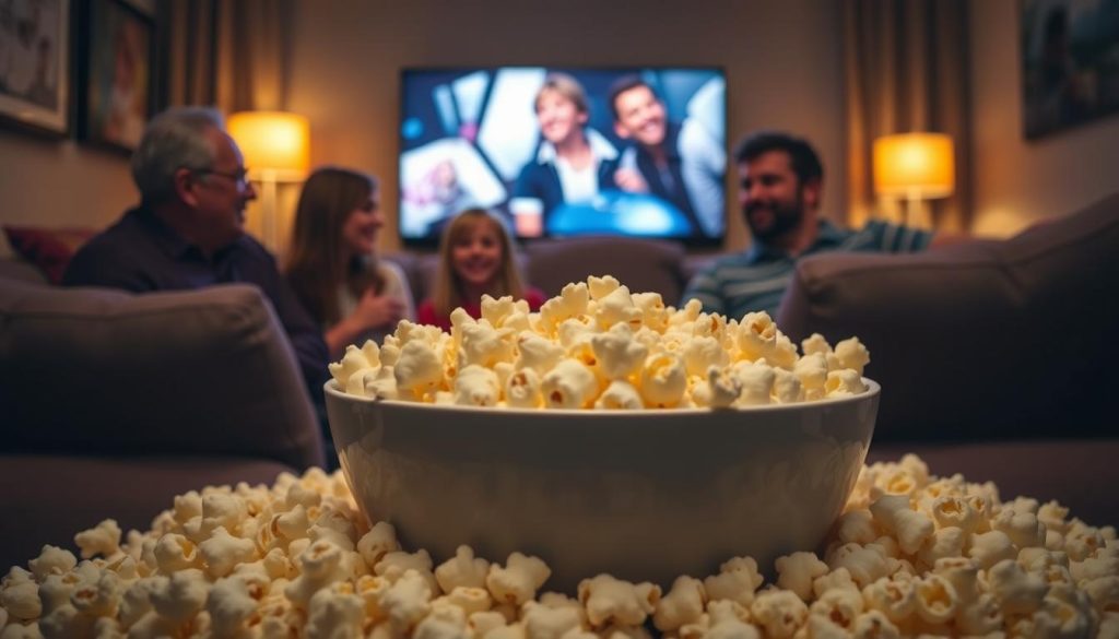 Rodzina ciesząca się domowym popcornem przygotowanym bez mikrofali podczas wieczoru filmowego