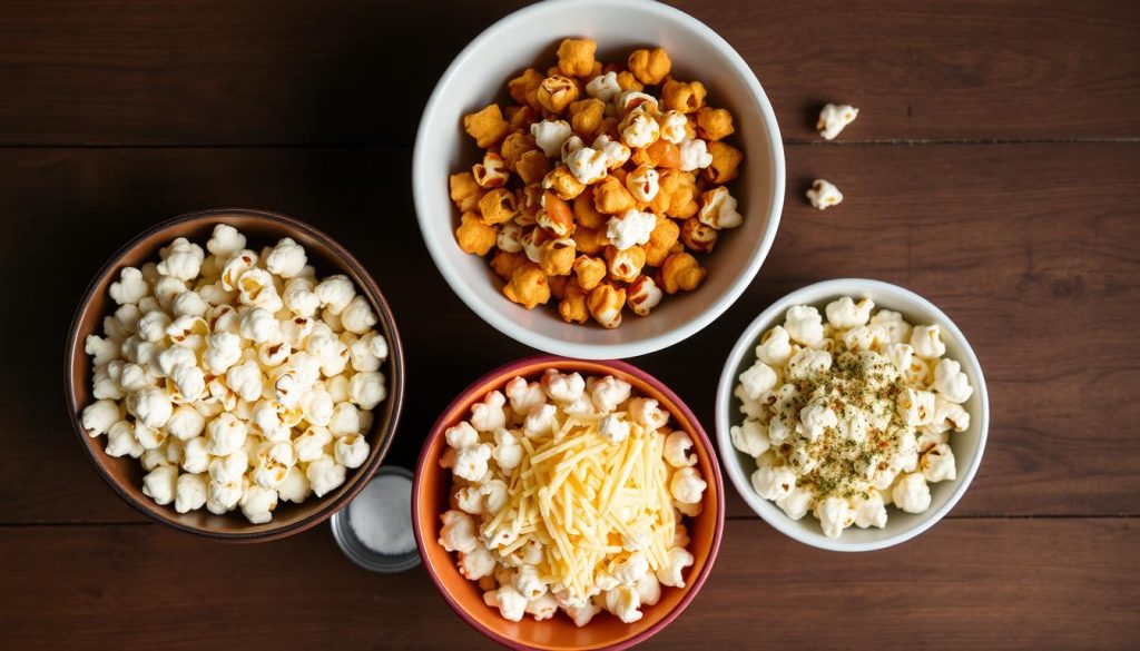 R&oacute;żne wersje smakowe popcornu przygotowanego bez mikrofali w miskach