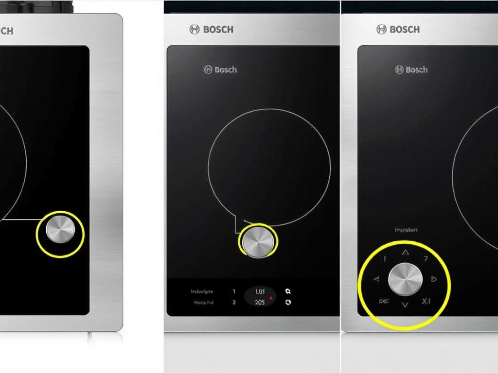 R&oacute;żne modele płyt indukcyjnych Bosch z zaznaczonymi przyciskami blokady