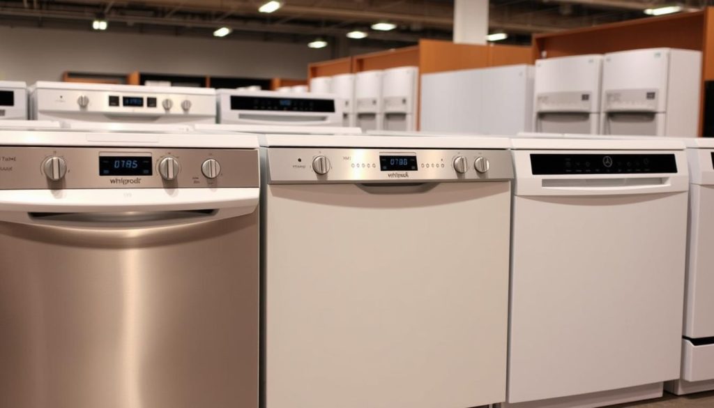 Różne modele zmywarek Whirlpool ustawione obok siebie Różne modele zmywarek Whirlpool ustawione obok siebie