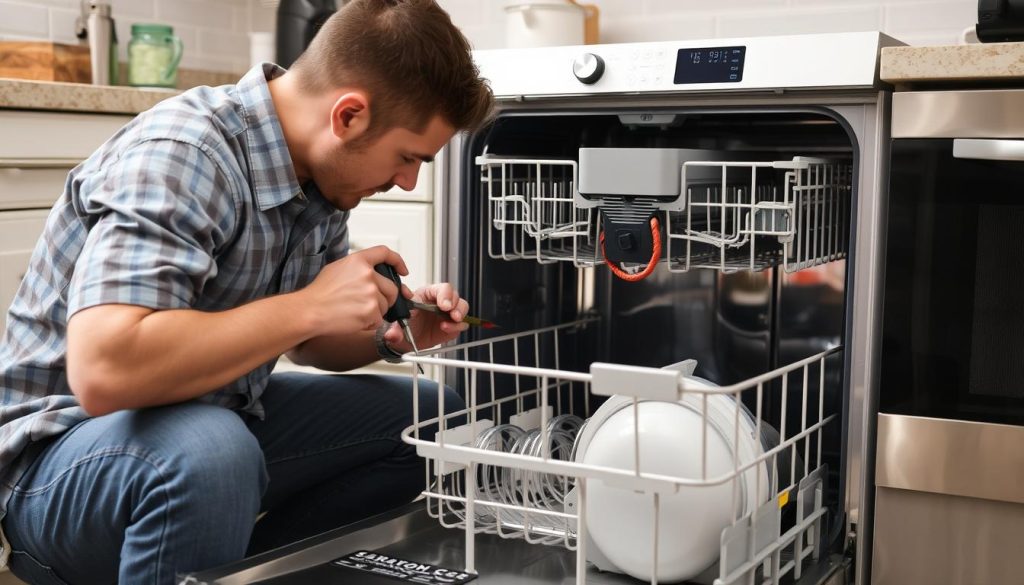 Technik serwisowy naprawiający zmywarkę Whirlpool Technik serwisowy naprawiający zmywarkę Whirlpool