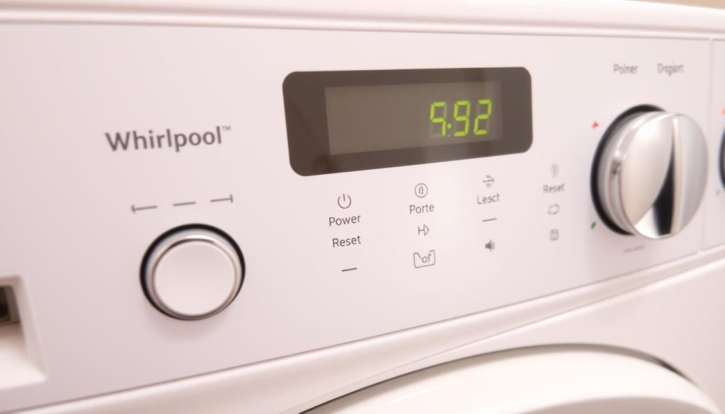 Panel sterowania pralki Whirlpool z zaznaczonymi przyciskami do resetowania