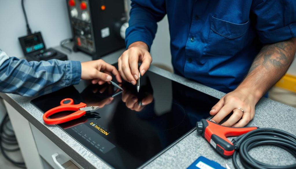 Technik serwisowy naprawiający płytę indukcyjną z błędem E